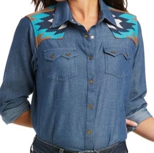 Ariat REAL Vivatious Button Up Chambray Southwestern Shirt Women's Small